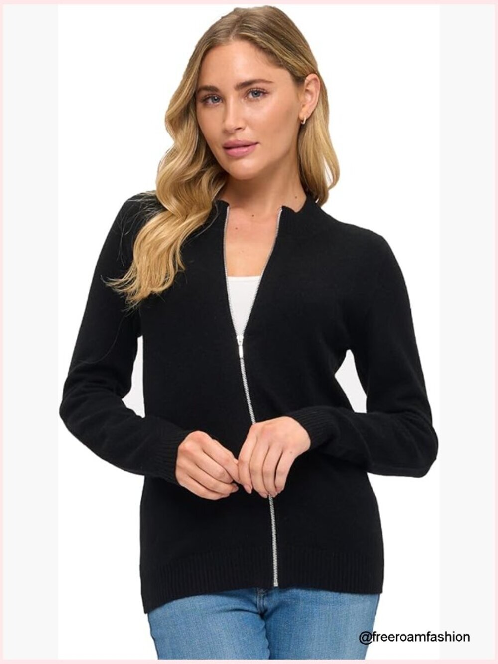 100% Cashmere Long Sleeve Crew Neck Open Zip Cardigan